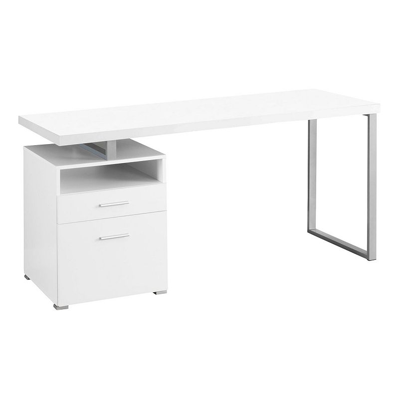 60 White and Silver Rectangular Computer Desk with Storage Drawer