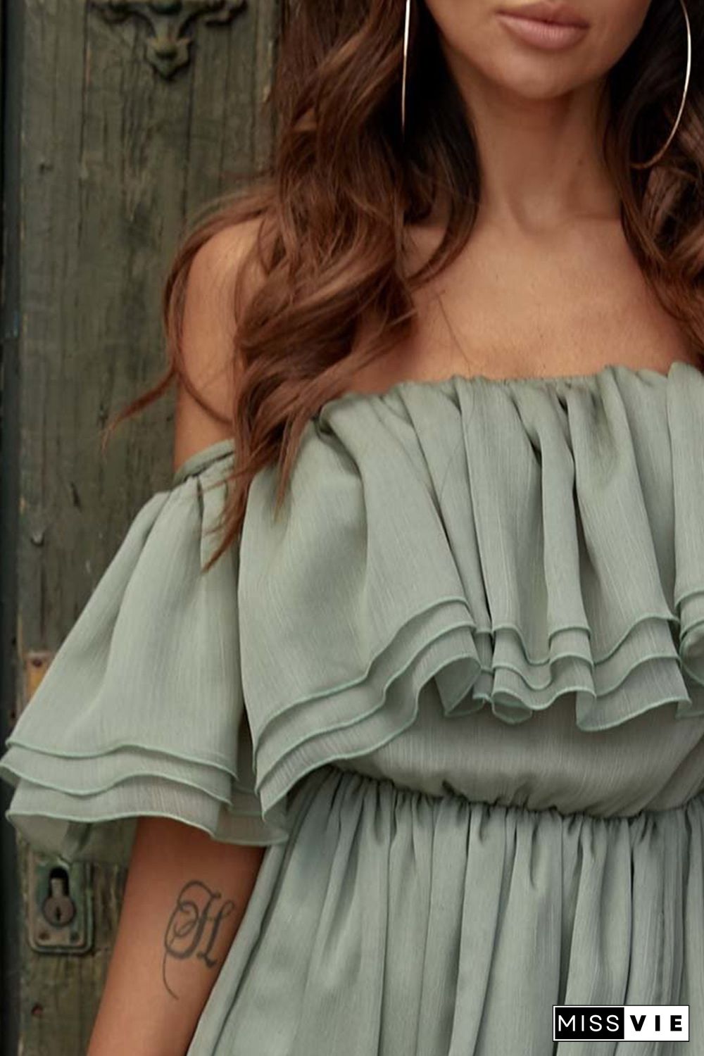 Off-the-shoulder Ruffled Maxi Dress with Split