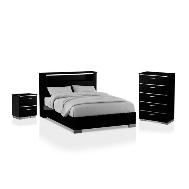 3pc Homesessentials Contemporary Nightstand And Chest California King Bedroom Set Black chrome