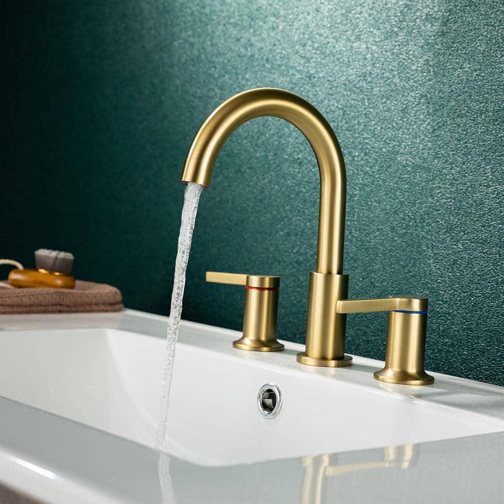 RAINLEX 8 in Widespread Double Handle Bathroom Faucet with Drain Assembly in Brushed Gold