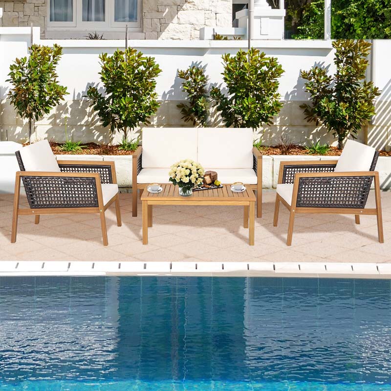 4 Pcs Outdoor Acacia Wood Furniture Set Rattan Patio Conversation Sofa Set with Coffee Table & Soft Cushions