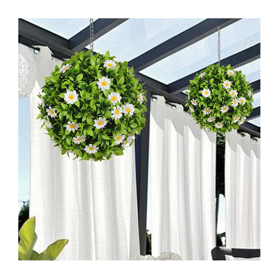 W5 Garden Supplies White Daisy Flower with Green Leaves Hanging Topiary Artificial Grass Ball for Home Garden Decor