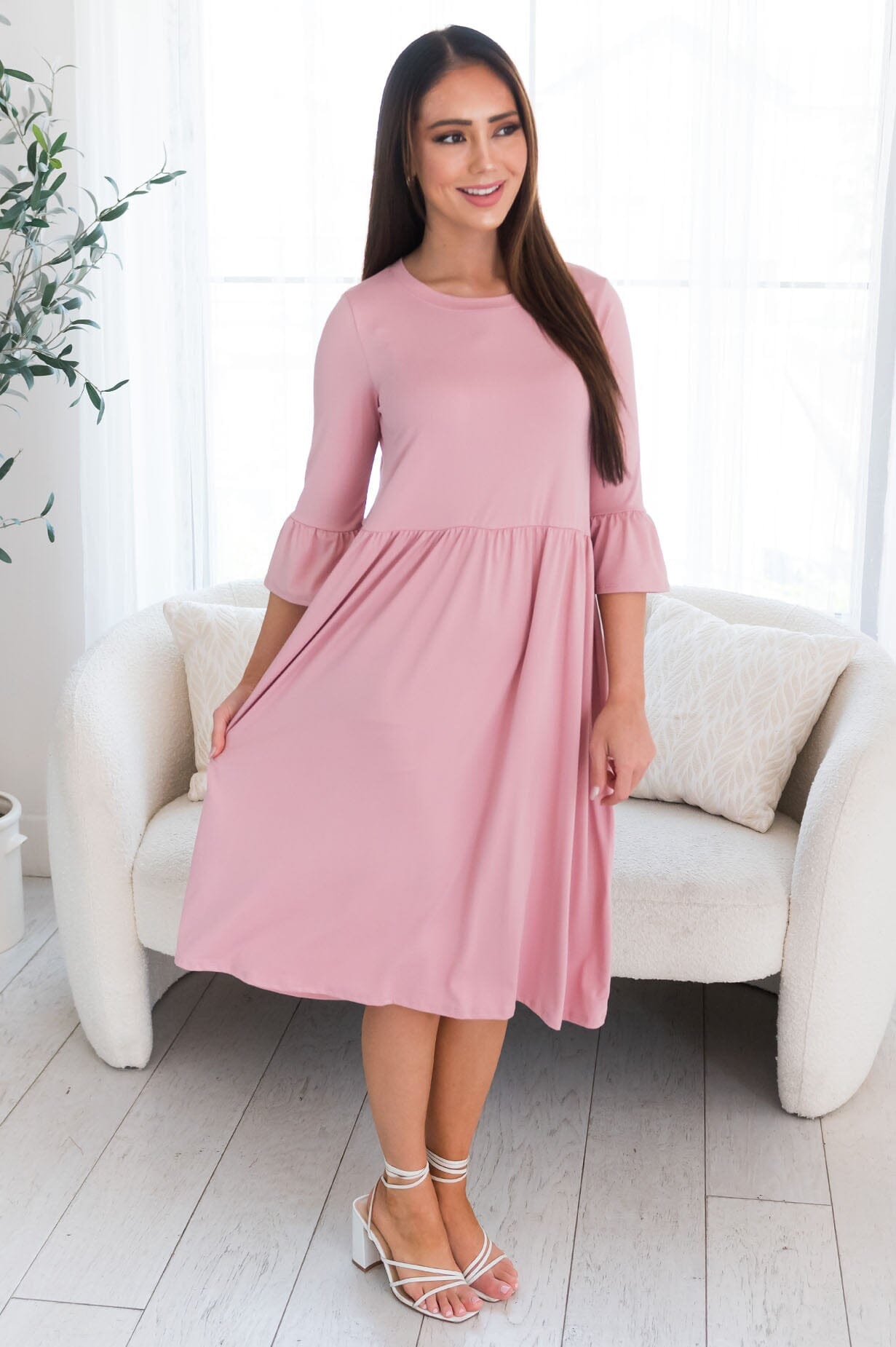 Zadie dusty pink bell-sleeved crew neck gown