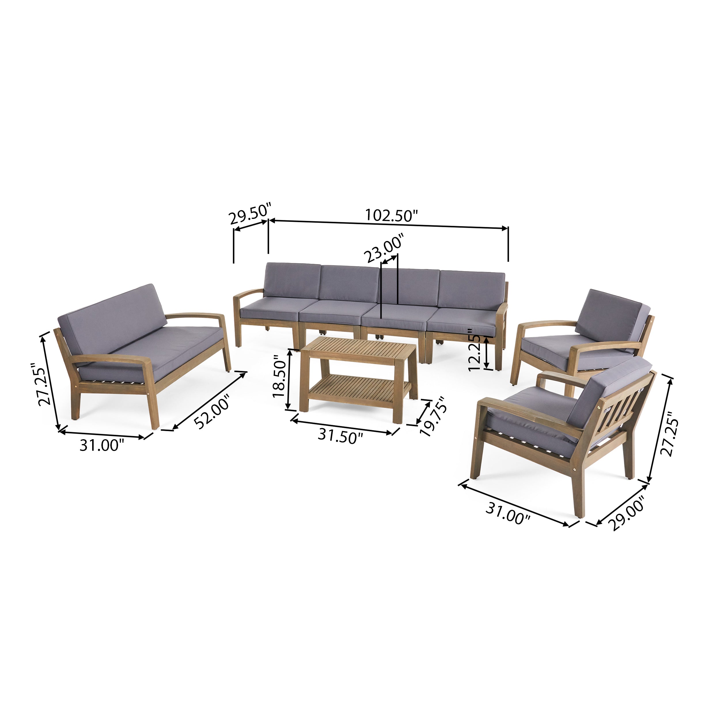 Giselle Outdoor Acacia Wood 8 Seater Sectional Chat Set with Coffee Table