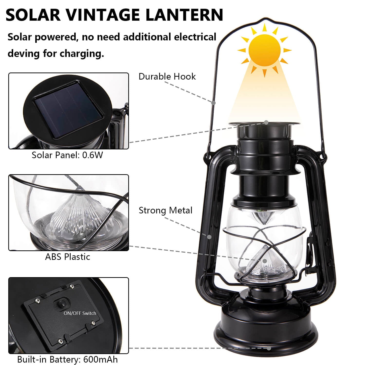 Flickering Flame Solar Lantern Lights， Hanging Waterproof Outdoor Solar Vintage Lanterns  for Camping Garden Patio Yard Black， 2 Pack