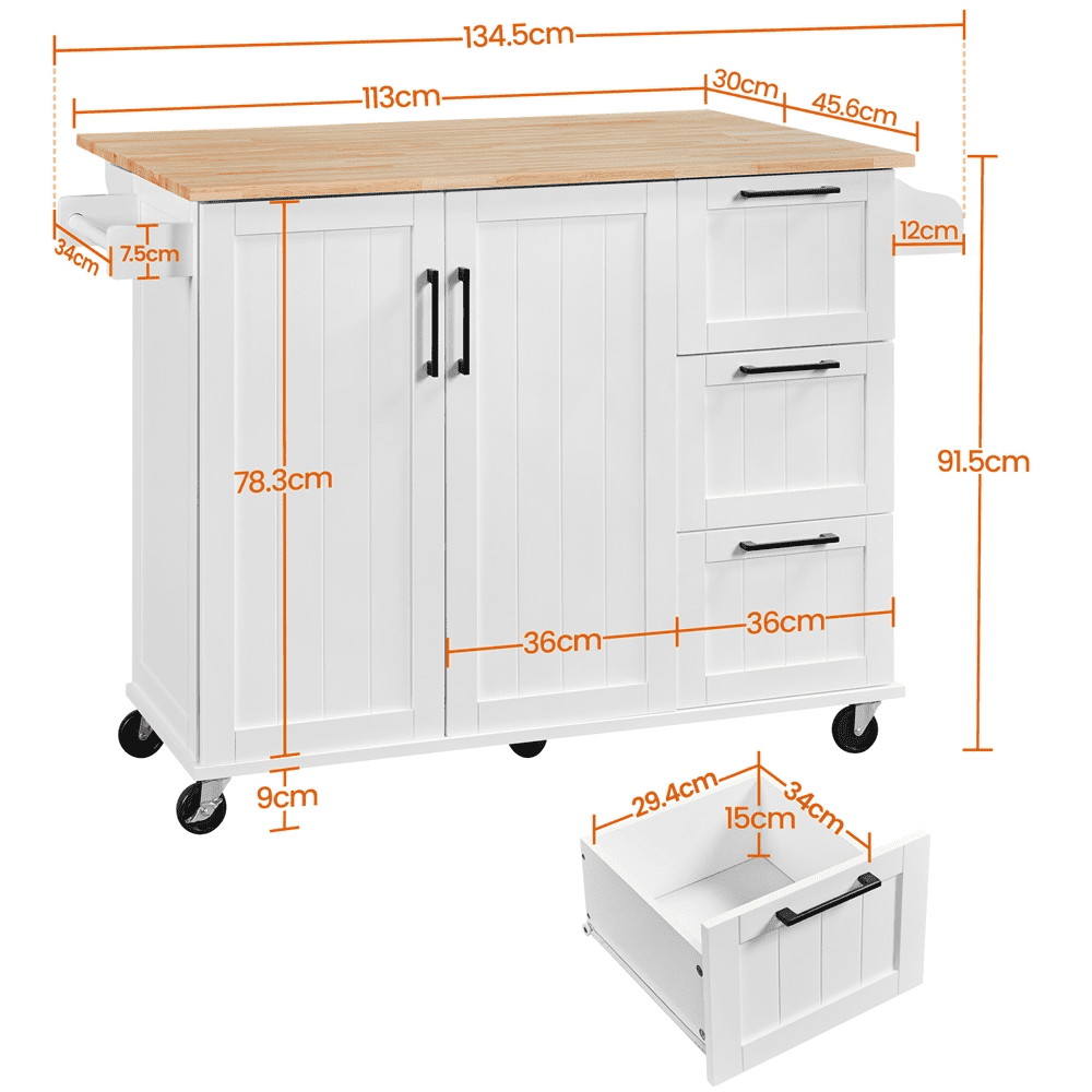 Topeakmart Wood Top Rolling Kitchen Cart Island with Storage Cabinet and 3 Drawers and Spice Rack， White