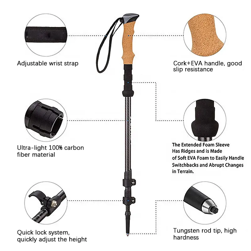 2023 Hot selling OEM Wholesale ultralight adjustable aluminum climbing hiking walking sticks carbon trekking pole