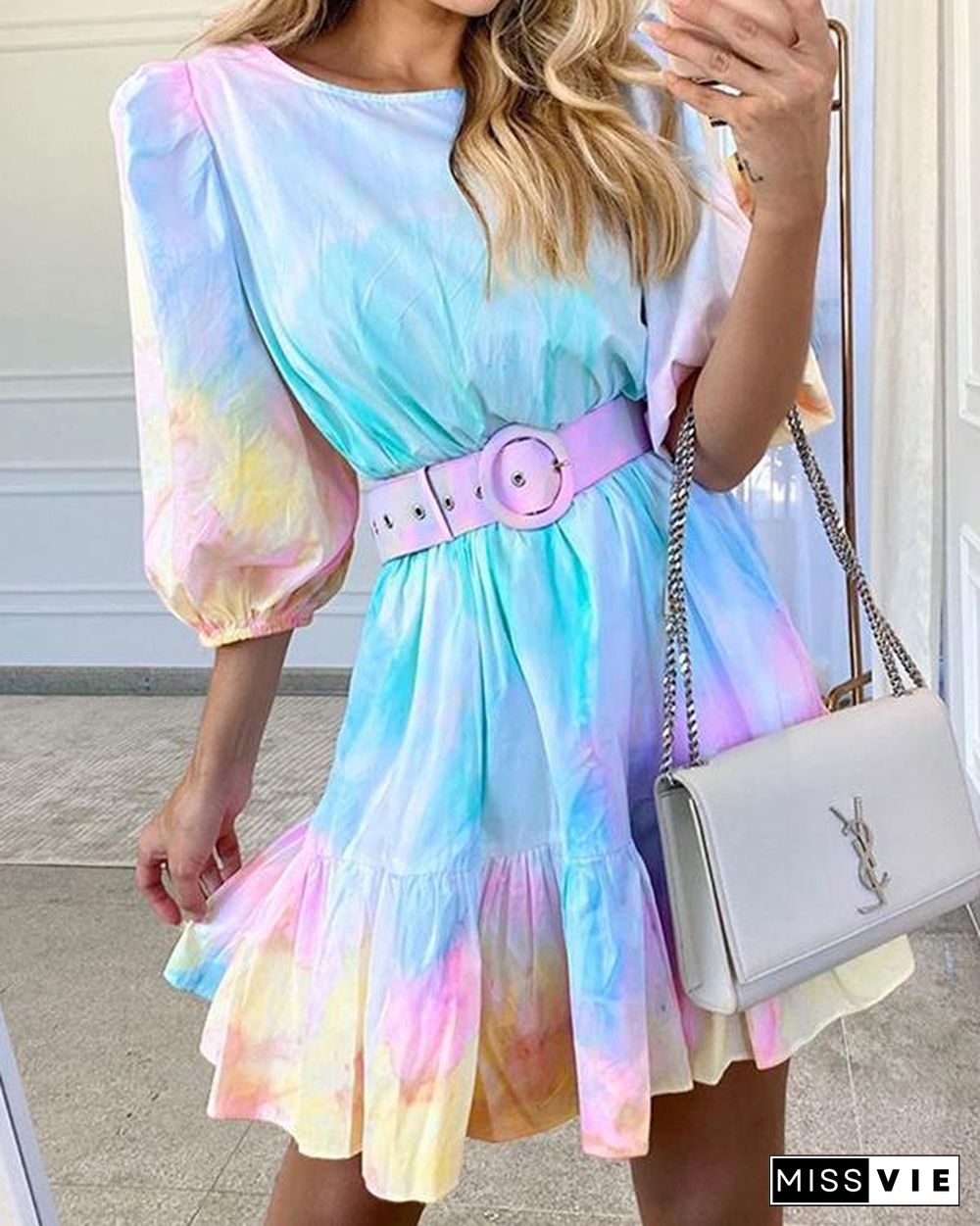 Tie Dye Print Puff Sleeve Round Neck Summer Dress