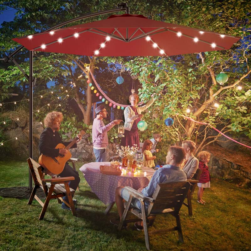 10 FT Offset Patio Umbrella with Solar LED Lights & Cross Base, Large Outdoor Cantilever Umbrella for Sun Rain