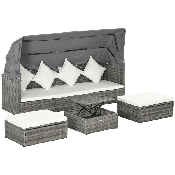 Outsunny 4 Piece Patio Furniture Set with Cushions，PE Rattan Daybed with Retractable Canopy，Outdoor Sectional Sofa Set