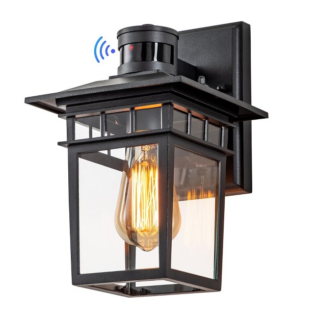 C Cattleya 1 light Matte Black Motion Sensing Dusk To Dawn Outdoor Wall Lantern Sconce With Clear Tempered Glass