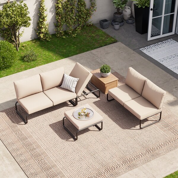 Outdoor Daybed with Cushion and Adjustable Back，Convertible to Patio Conversation Set