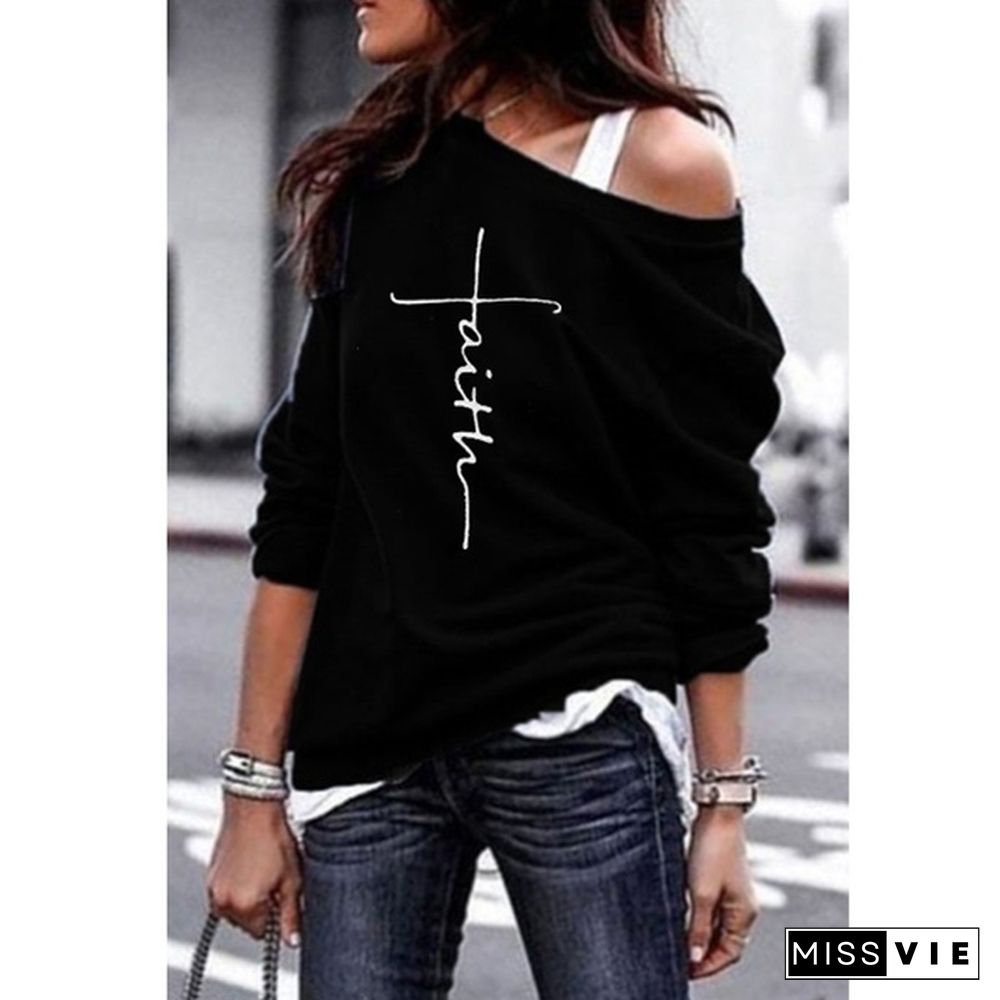 S-5XL Women Long Sleeve Faith Print Shirts Loose Casual Tops Off Shoulder Sweatshirts Women Pullovers