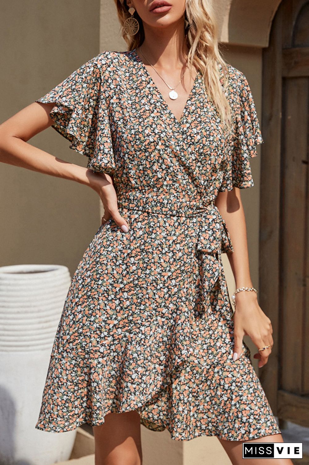 Fashion Elegant Floral Split Joint With Belt V Neck A Line Dresses