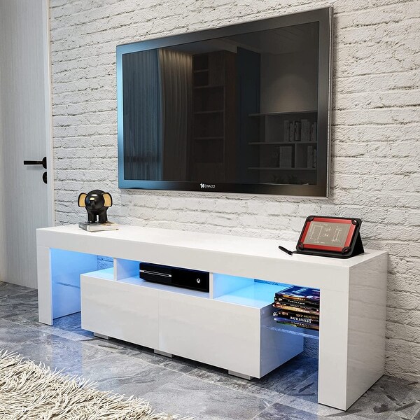 White LED TV Stand， Modern Entertainment Center for 65 Inch TV with 2 Drawer Storage and 2 Open Shelves - as picture