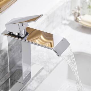 FLG Single-Handle Single-Hole Waterfall Bathroom Sink Faucet with Pop-Up Drain Kit and Deckplate Included in Polished Chrome LE-0087-C-D