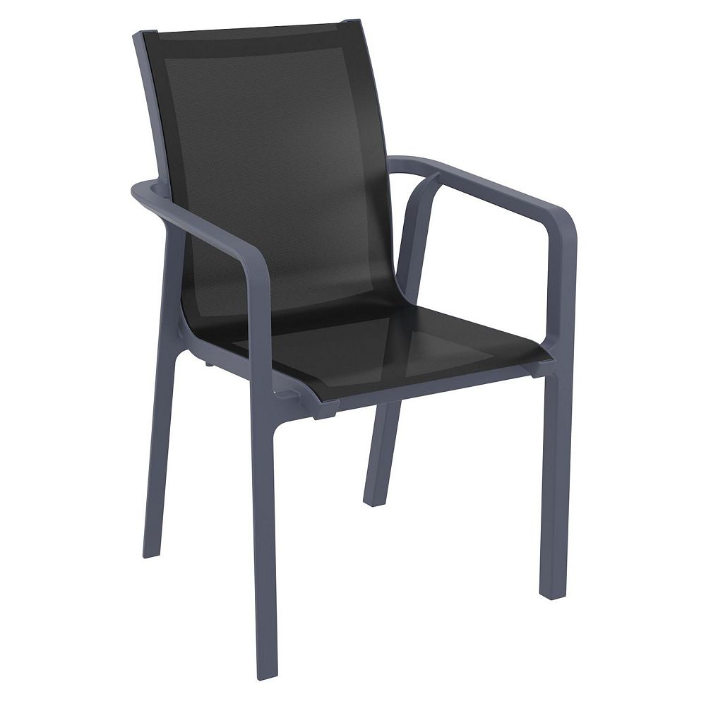 35.5 Gray and Black Resin Sling Outdoor Dining Arm Chair