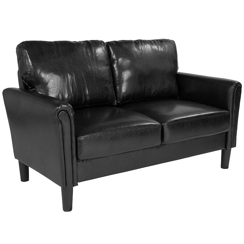 Emma and Oliver Living Room Loveseat Couch， Tailored Arms in Black LeatherSoft