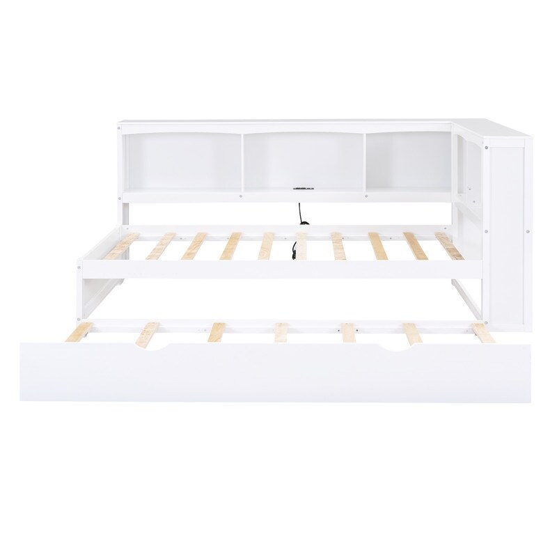 Twin Size Day Bed with Bookcases  Daybed with Trundle USB Ports and 5 Built in Storage Cabinets  Wood