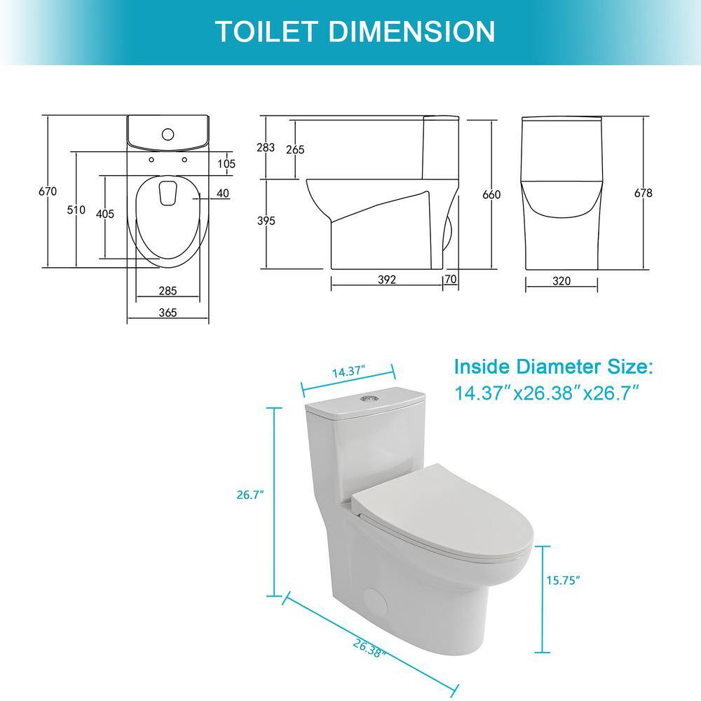 Amucolo 1-piece 1.6 GPF Comfort Height Dual Flush Ceramic Elongated Bathroom Toilet in White Soft Closing Seat Included Lord-CYW1-221