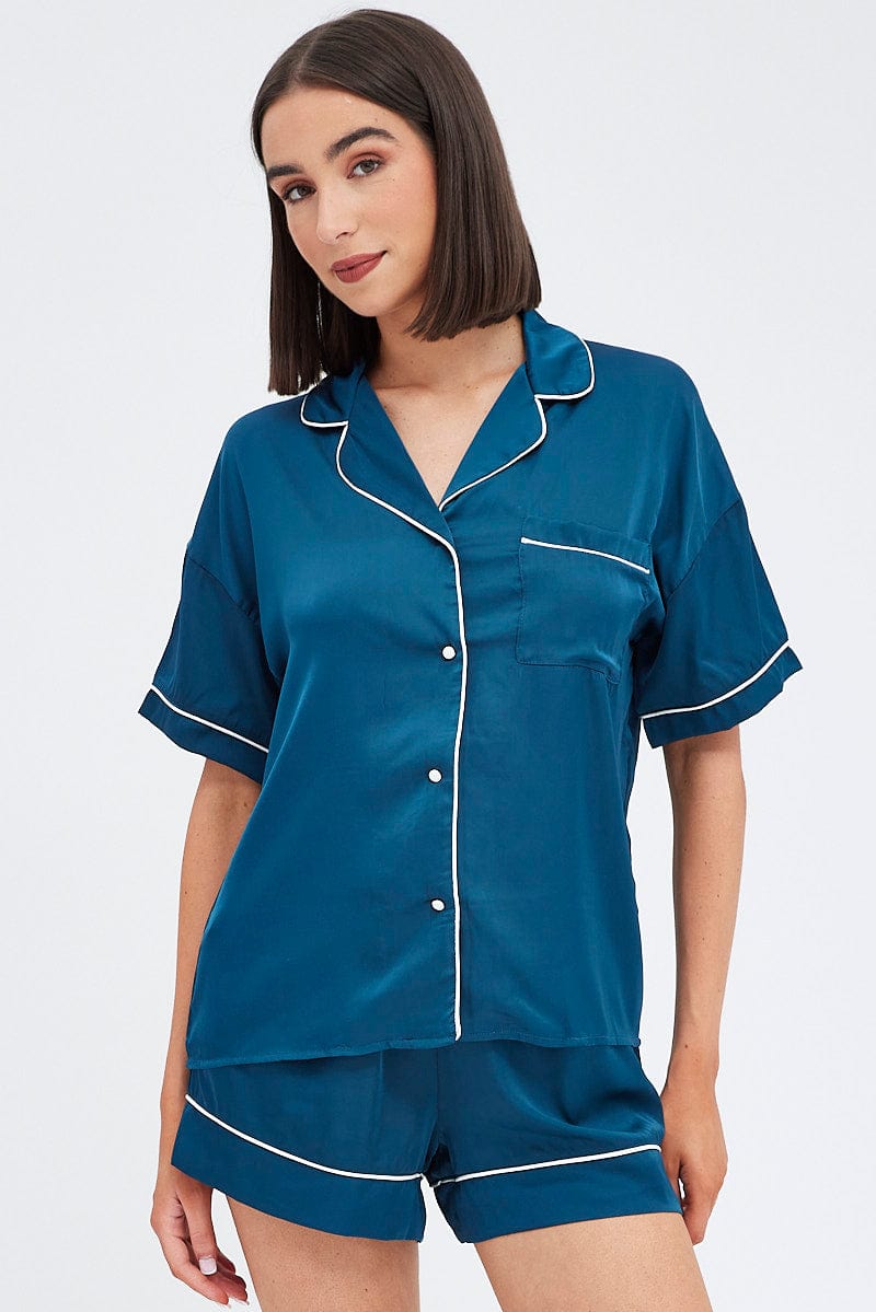 Blue Satin Pj Piping Button Through Pyjama Set
