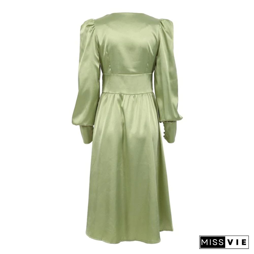 New Satin Dress Women's Design with Lantern Sleeves and Slim Waist