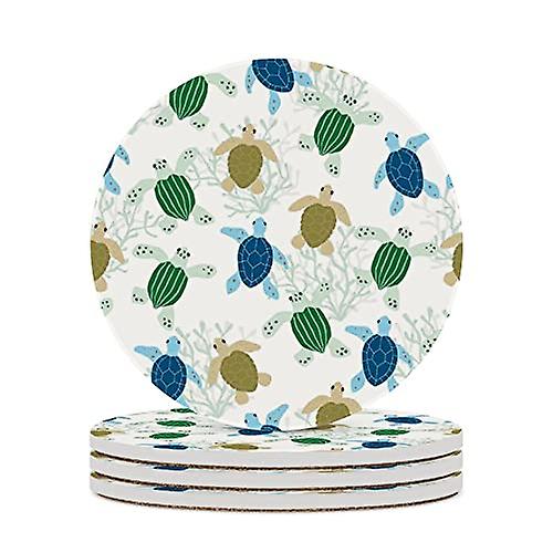 Round Drink Coasters 2 Pcs Colorful Sea Turtle Pattern Absorbent Ceramic Coaster With Cork Base For Coffee Cups Housewarming Gift For Home Decor