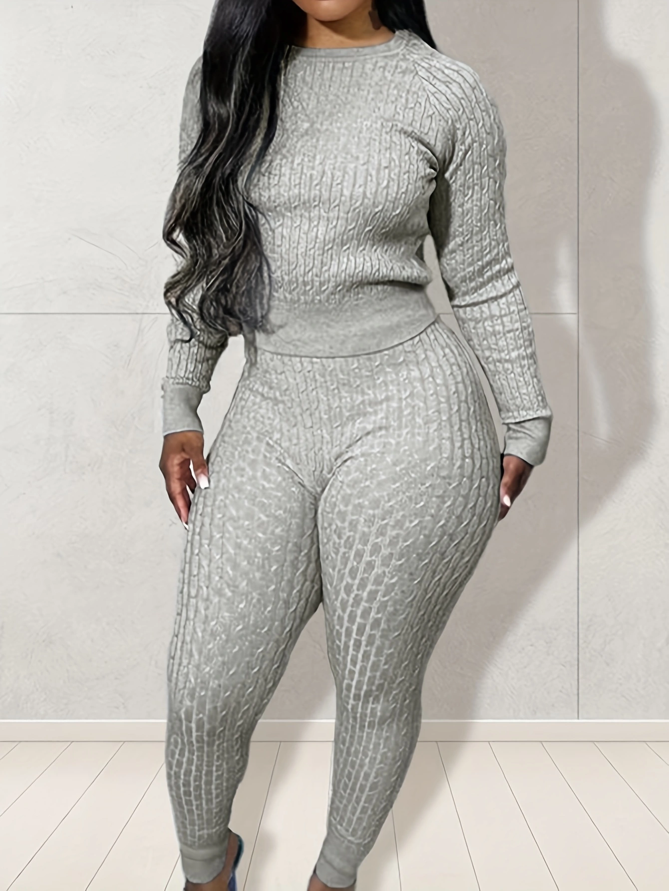 Plus Size Casual Sweater Outfits 2 Piece Set, Womens Plus Solid Cable Long Sleeve Round Neck Sweater & Knit Pants Outfits Set