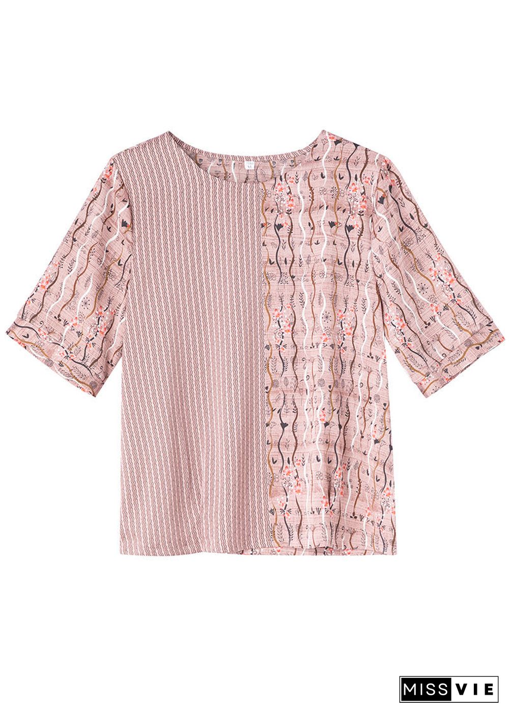 Natural Pink O Neck Patchwork Print Silk T Shirt Tops Summer