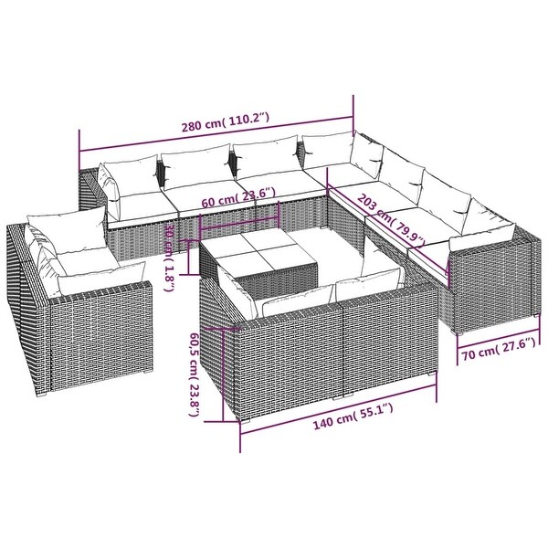 12 Piece Patio Lounge Set with Cushions Black Poly Rattan