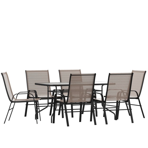 Flash Furniture 7 Piece Outdoor Patio Dining Set Tempered Glass Patio Table 6 Flex Comfort Stack Chairs