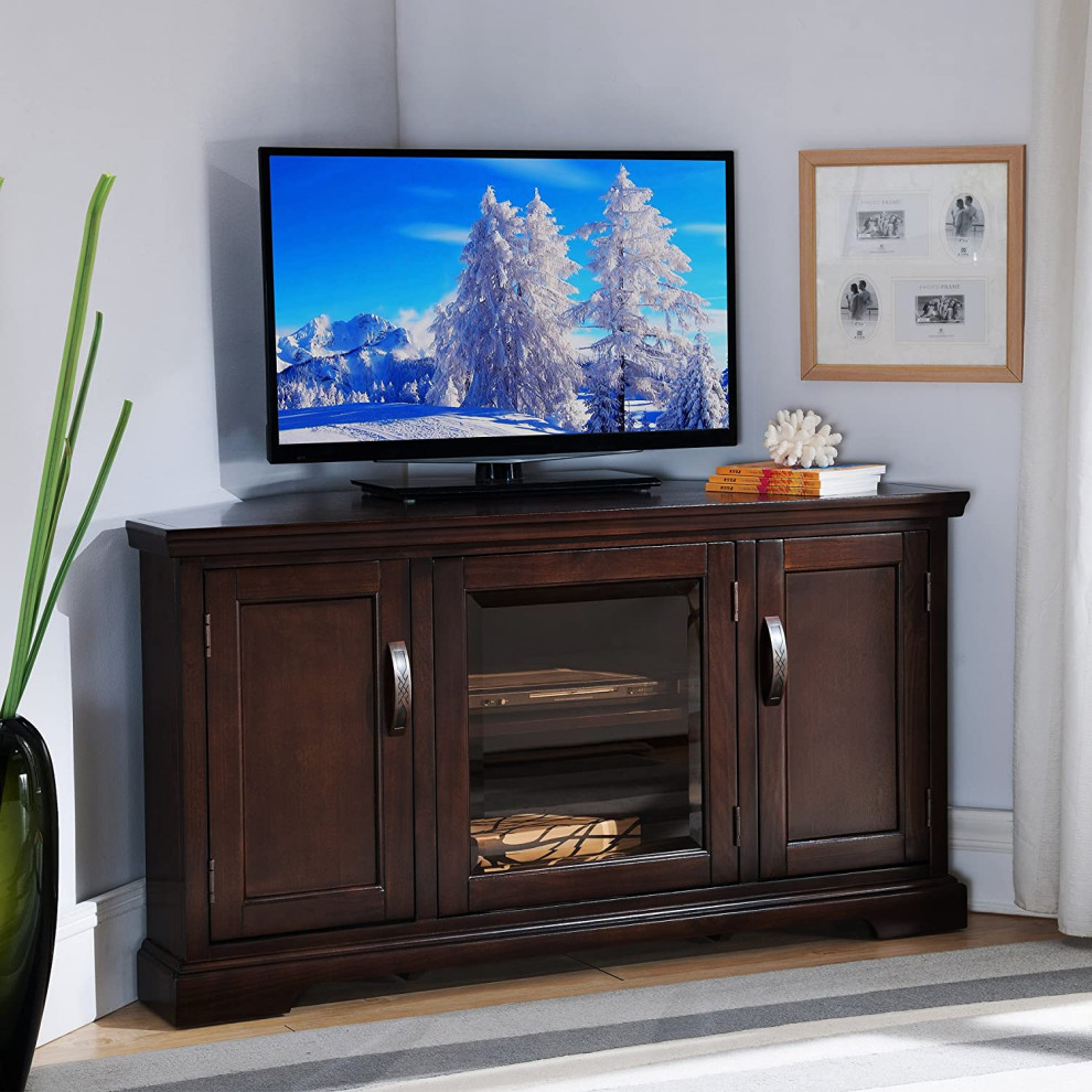 Corner TV Stand  2 Side Cabinets and Center Glass Door  Chocolate Cherry   Transitional   Entertainment Centers And Tv Stands   by Decor Love  Houzz