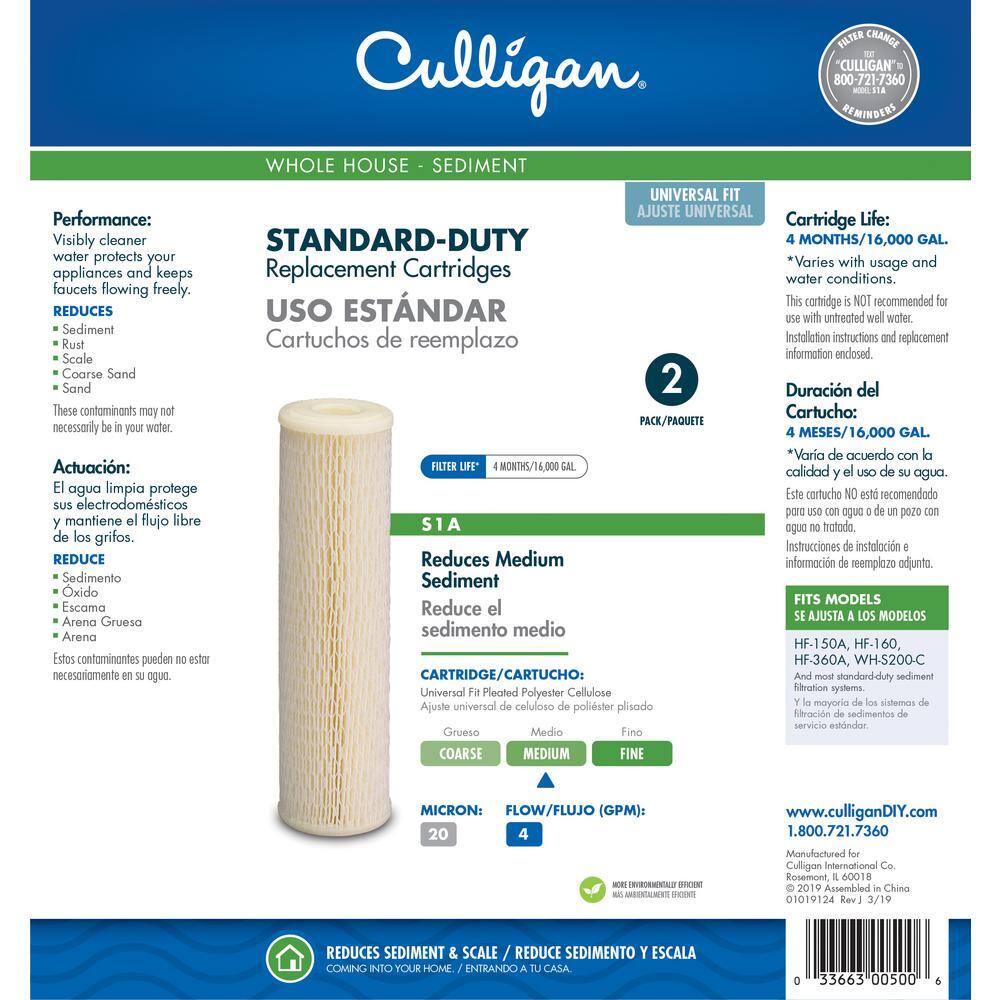 Culligan Universal 20-Micron Pleated Sediment Replacement Cartridge Water Filtration System S1-A