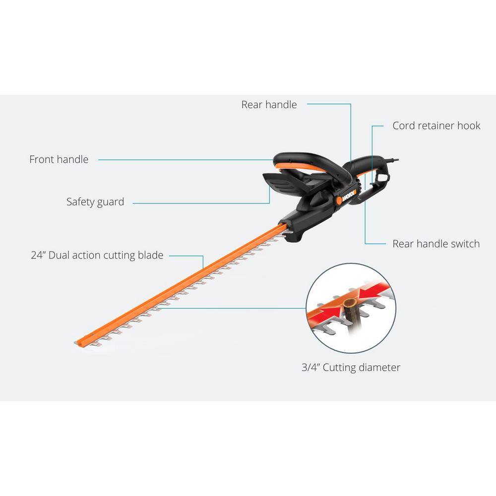 Worx 24 in. - 4.5 Amp in Electric Corded Hedge Trimmer with Inline Motor and Rotating Handle WG217