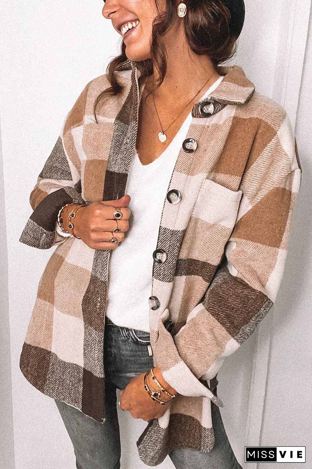 Fashion Lapel Loose Plaid Jacket Tops(3 Colors)