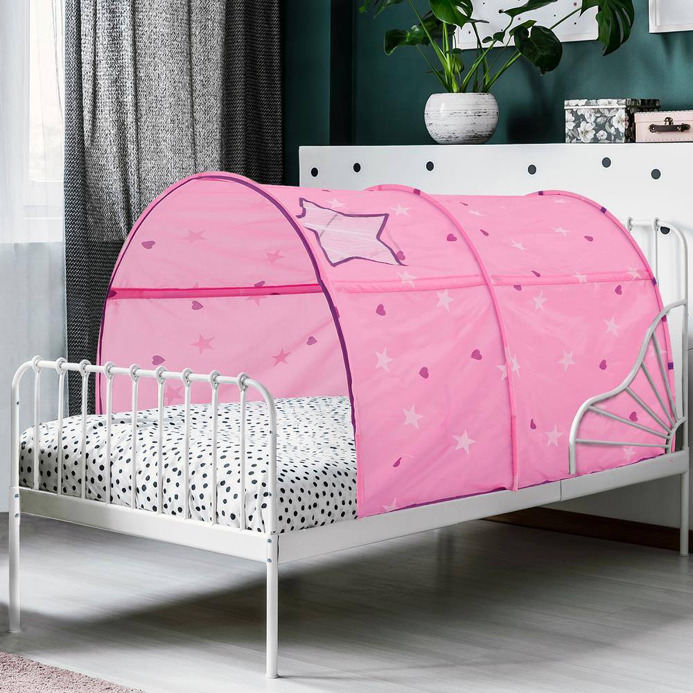 Alvantor Indoor Pop Up Portable Frame Polyester Starlight Bed Canopy Kids Play Tent Twin Curtains Glow in The Dark Stars Pink 2014