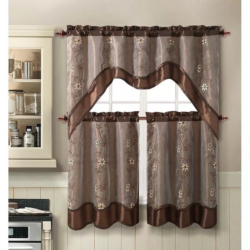 GoodGram 3 Piece Daphne Embroidered Complete Kitchen Curtain Tier And Valance Set