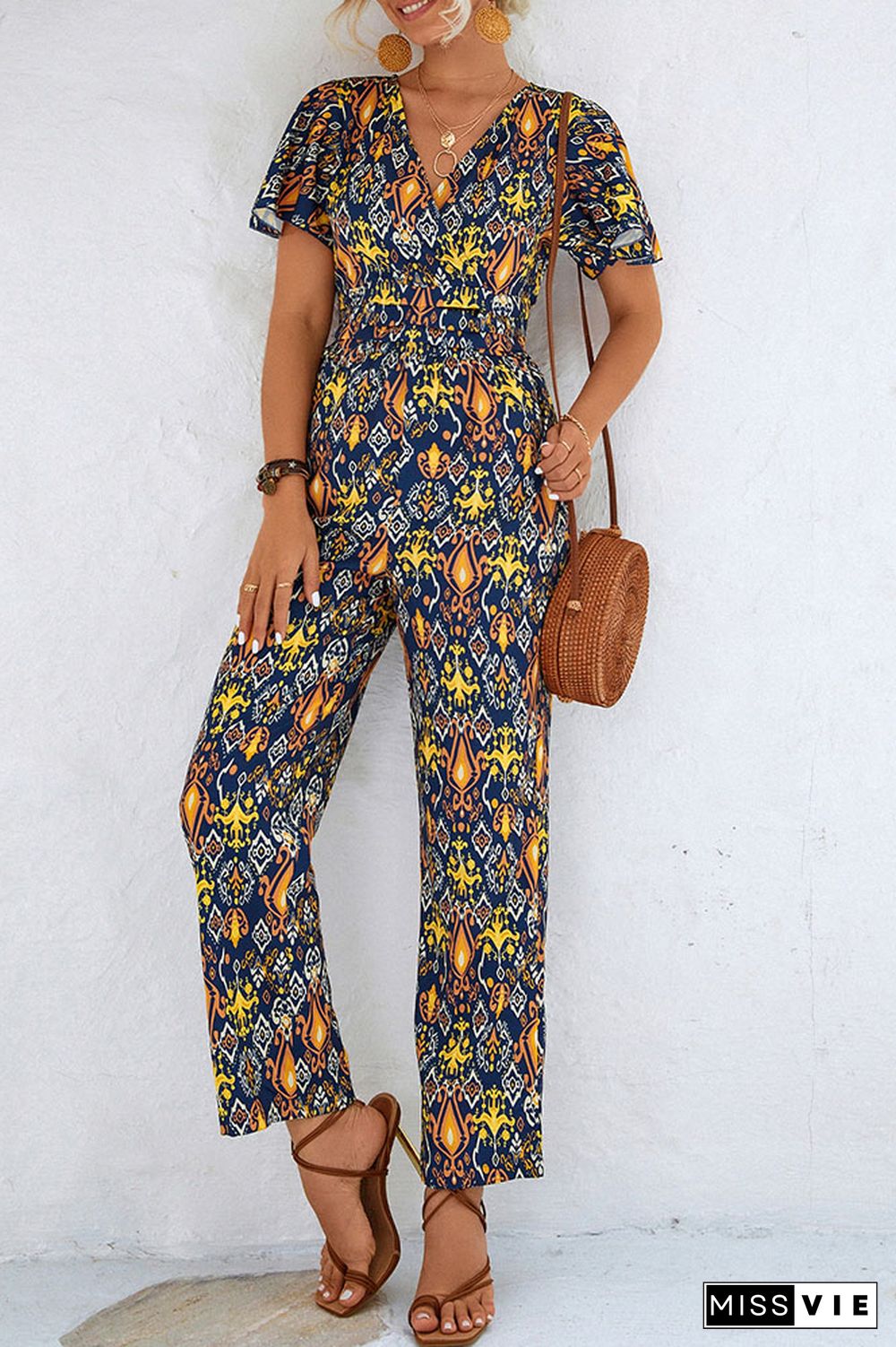 V Neck High Wasit Printed Jumpsuit