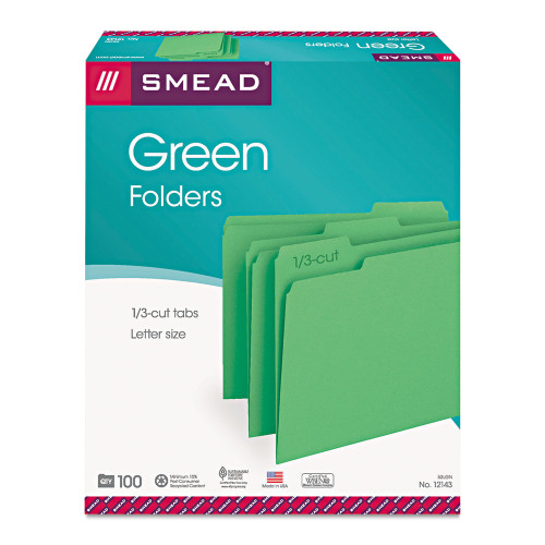 Smead Colored File Folders， 1/3-Cut Tabs， Letter Size， Green， 100/Box (12143)