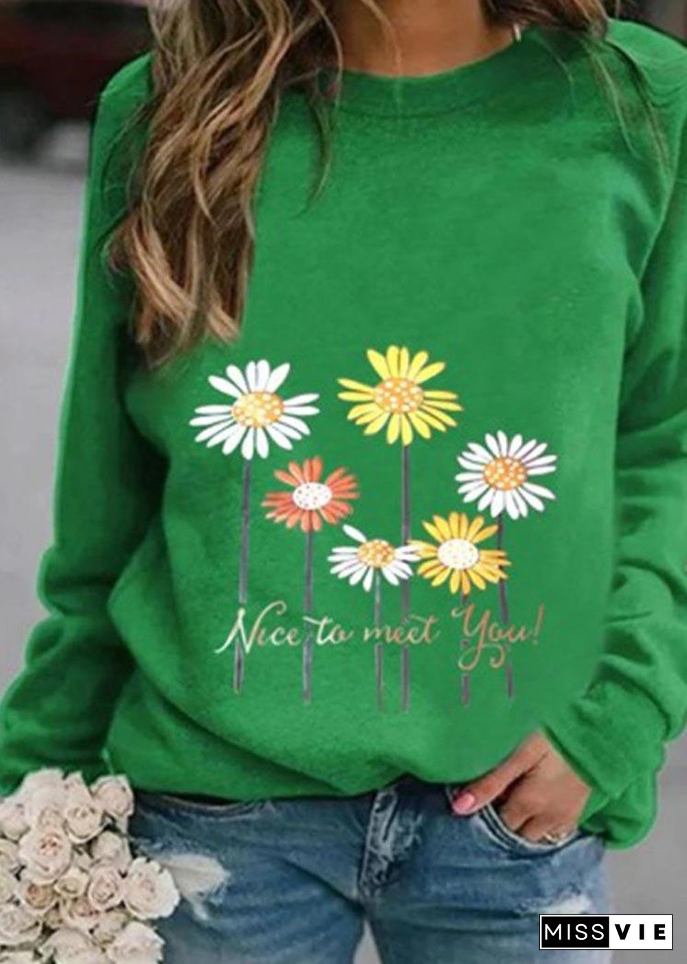 Nice to meet you' & Daisy Print Sweatshirt