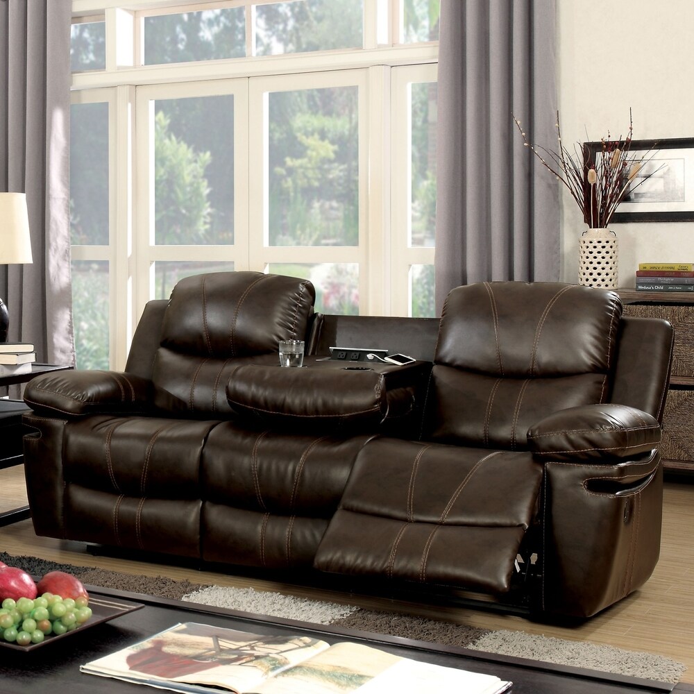 Eliv Transitional Brown Faux Leather 3 Piece Reclining Sofa Set with USB by Furniture of America