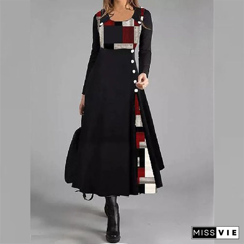 Women O-Neck Patchwork Button Loose Pullover Long Dress Autumn Pattern Print A-Line Party Dress Fashion Casual Office Lady Dress