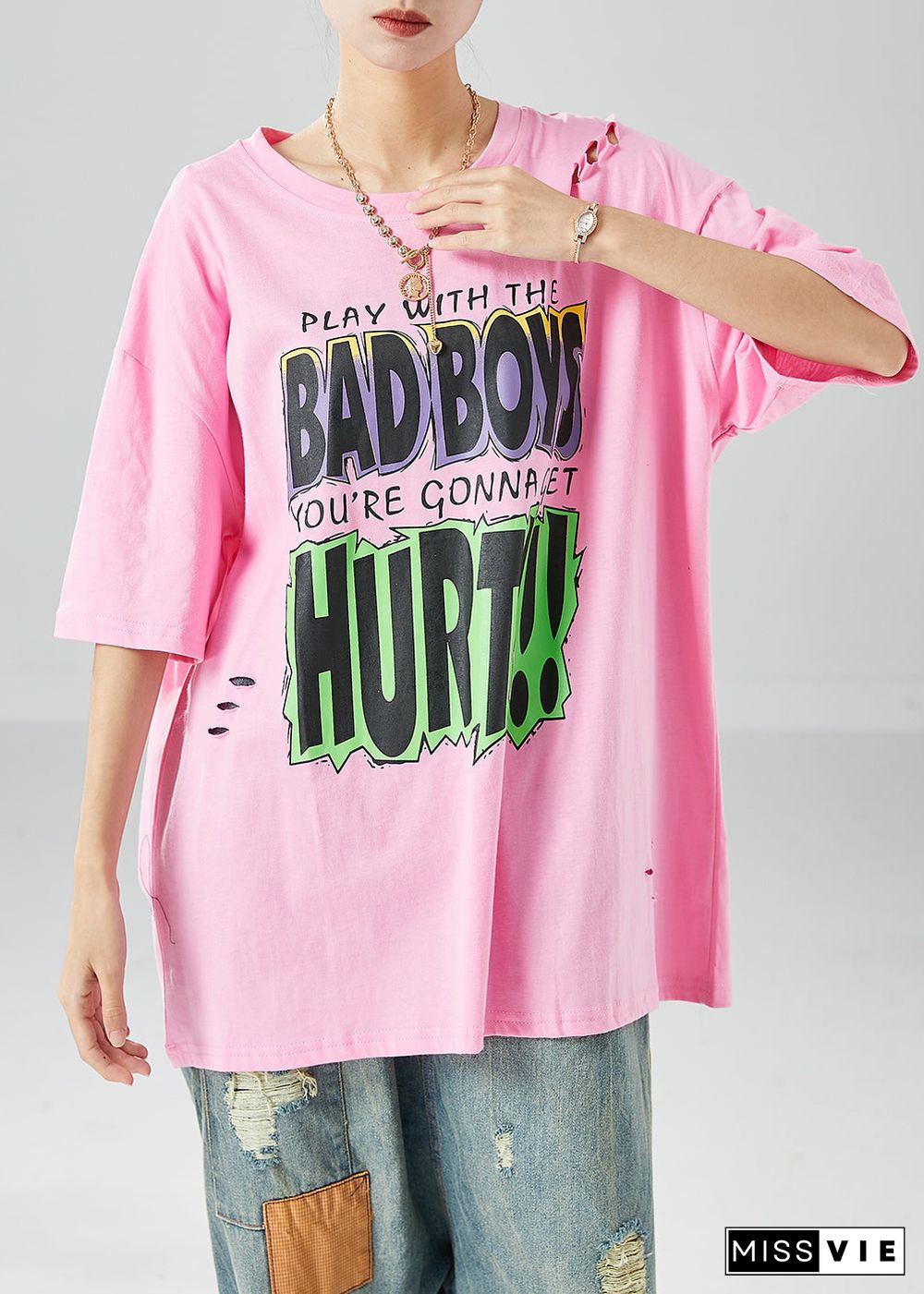 Plus Size Pink Oversized Print Hollow Out Cotton Top Summer