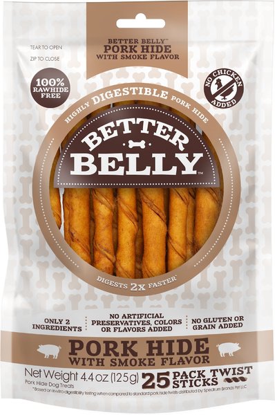 Better Belly Pork Hide Smoke Flavor Twists Dog Treats， 25 count