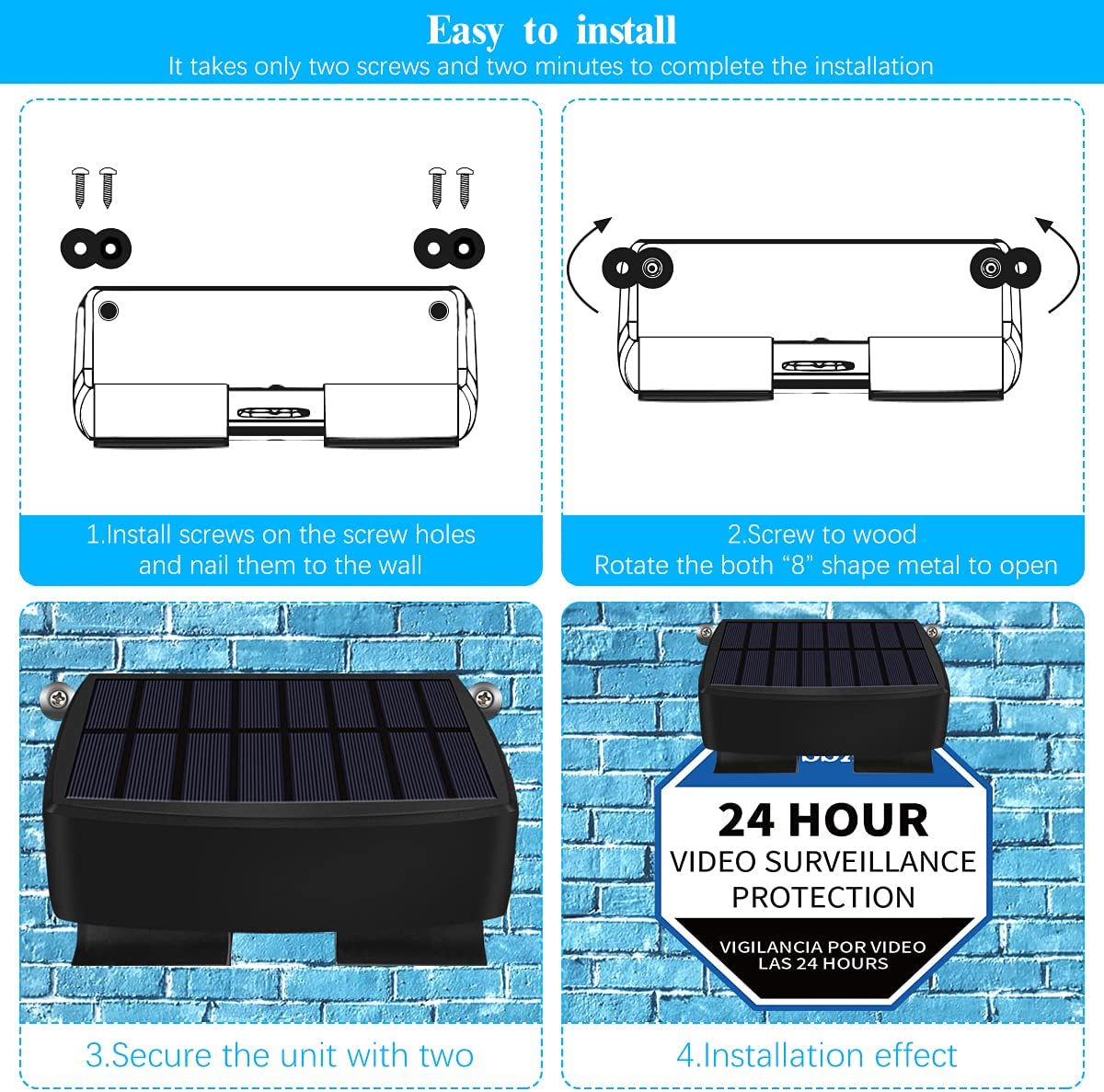 Solar Power Deck LED Light Clip-On Yard Security Sign Spotlight {Large Capacity Battery， Max14 Hours Working}