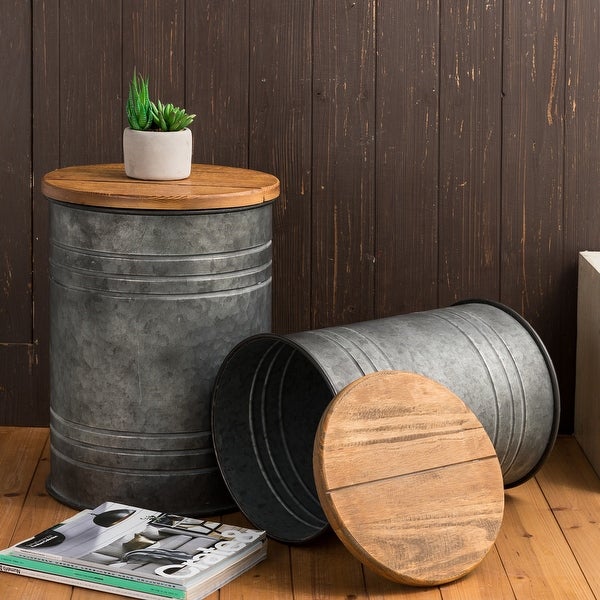 Glitzhome Industrial Farmhouse Round Storage End Tables (Set of 2)