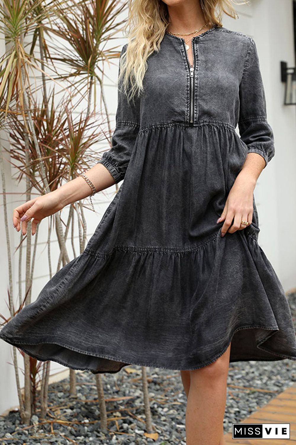 Washed DIstressed Zipper Denim Dress