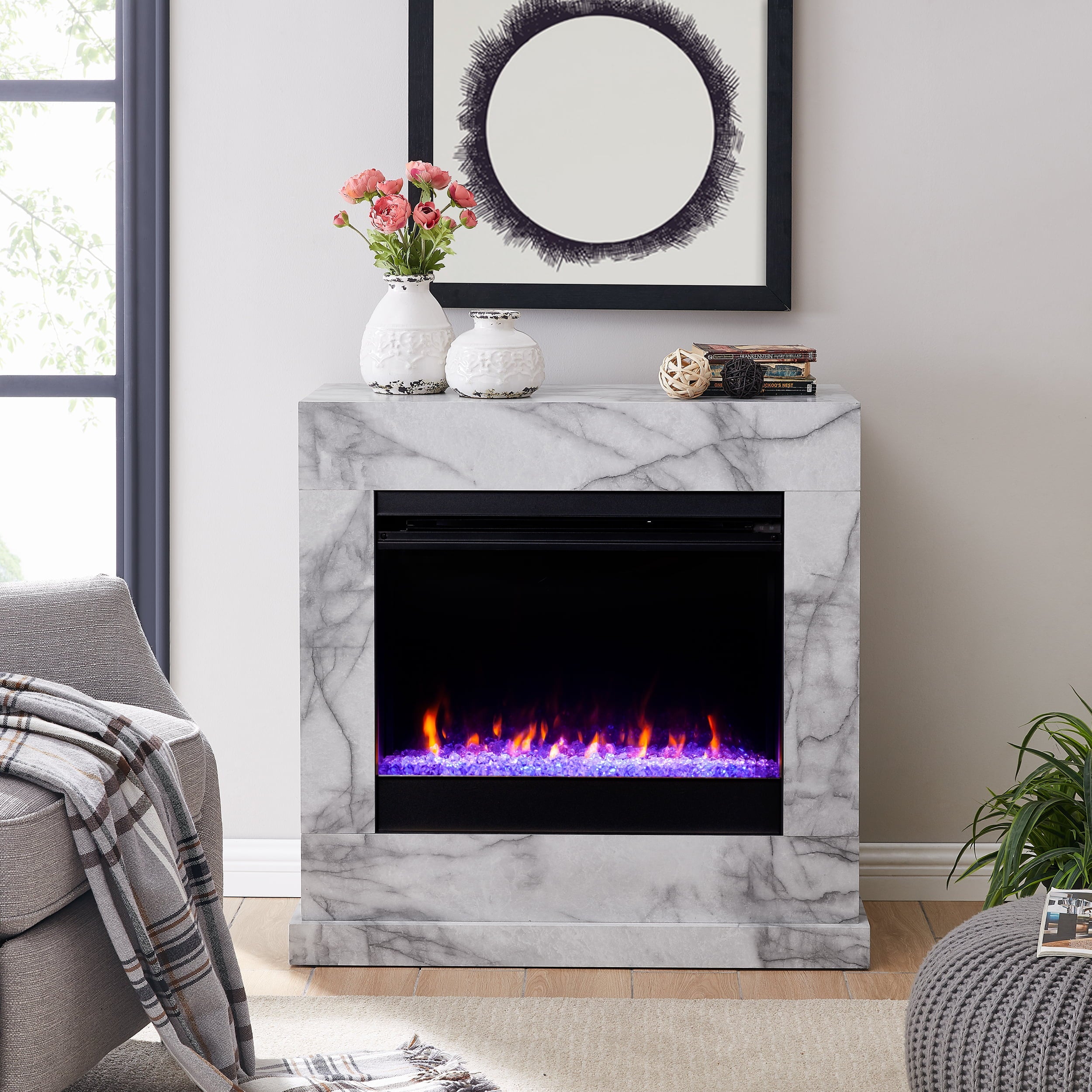 SEI Furniture Claredale Freestanding Color Changing Electric Fireplace in White with Faux Marble