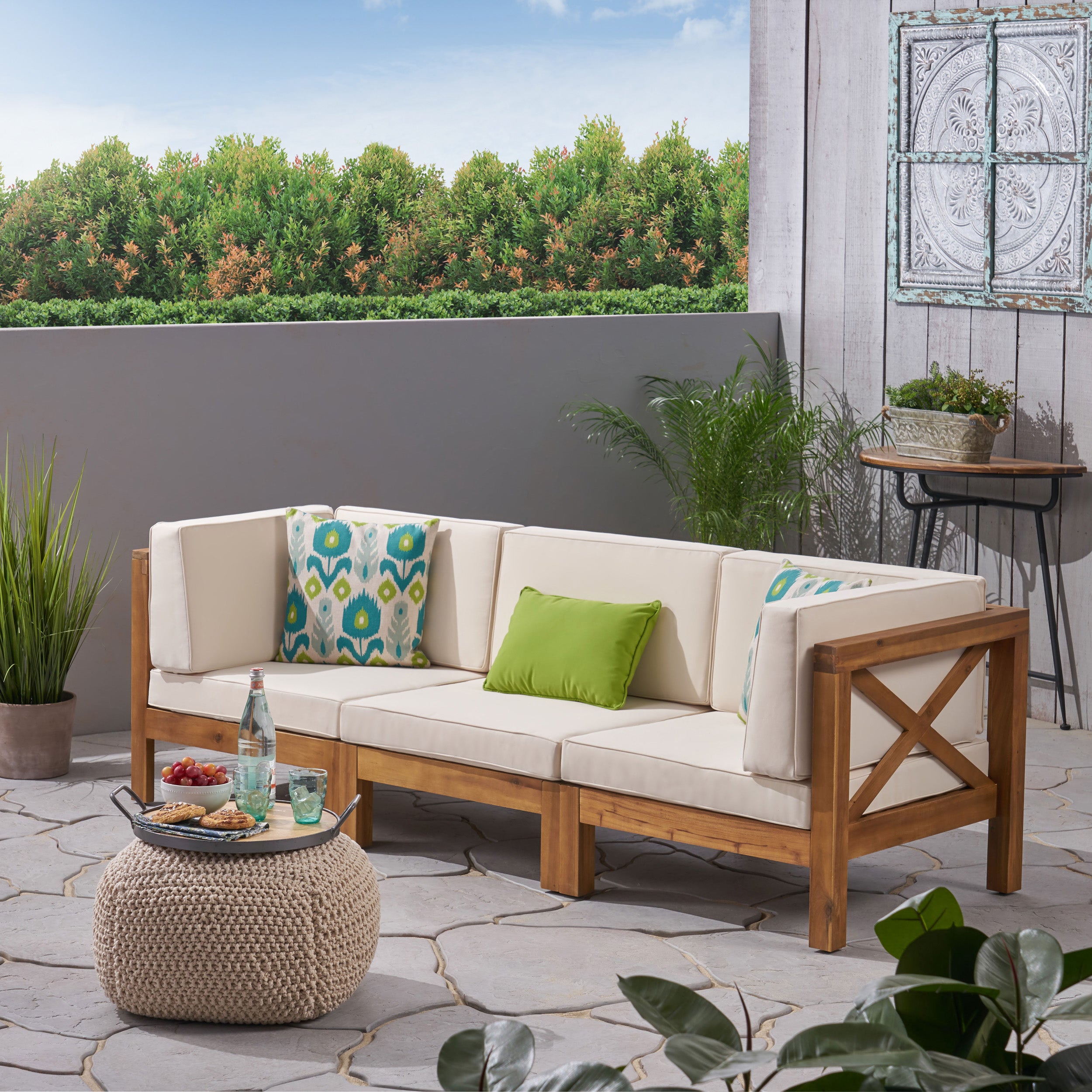 Brava Outdoor Modular Acacia Wood Sofa with Cushions