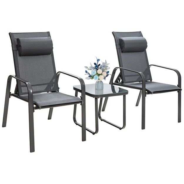 Tangkula 3pcs Patio Adjustable Back Stackable Chairs Side Table Set Bistro Set Classic Furniture Chair Set For Garden Black brown grey